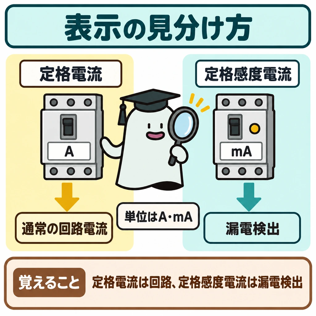 基本の仕組みの図解。正方形の中央を縦線で仕切り、左に「定格電流」の表示がある装置、右に「定格感度電流」の表示がある装置を置く。それぞれの表示から下へ矢印を引き、左は通常の回路電流、右は漏電検出につなぎ、AとmAの違いを中央に添える。