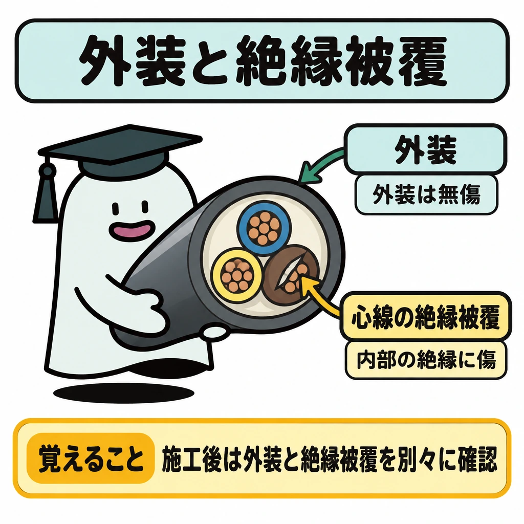 確認の図解。中央にケーブル1本の断面を大きく描き、外周の外装は無傷、内側の心線の絶縁被覆には傷がある状態を示す。外周と内側へ別々に矢印を伸ばし、それぞれを確認する対象として示す。