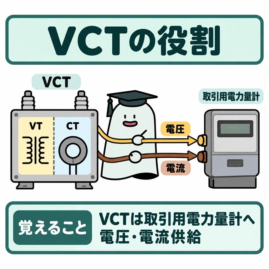 VT・VCTの役割の図解。左にVCT、右に取引用電力量計を置き、VCT内部を仕切ってVTとCTを示す。VCTから計器へ向かう2本の矢印に、それぞれ「電圧」「電流」と付ける。