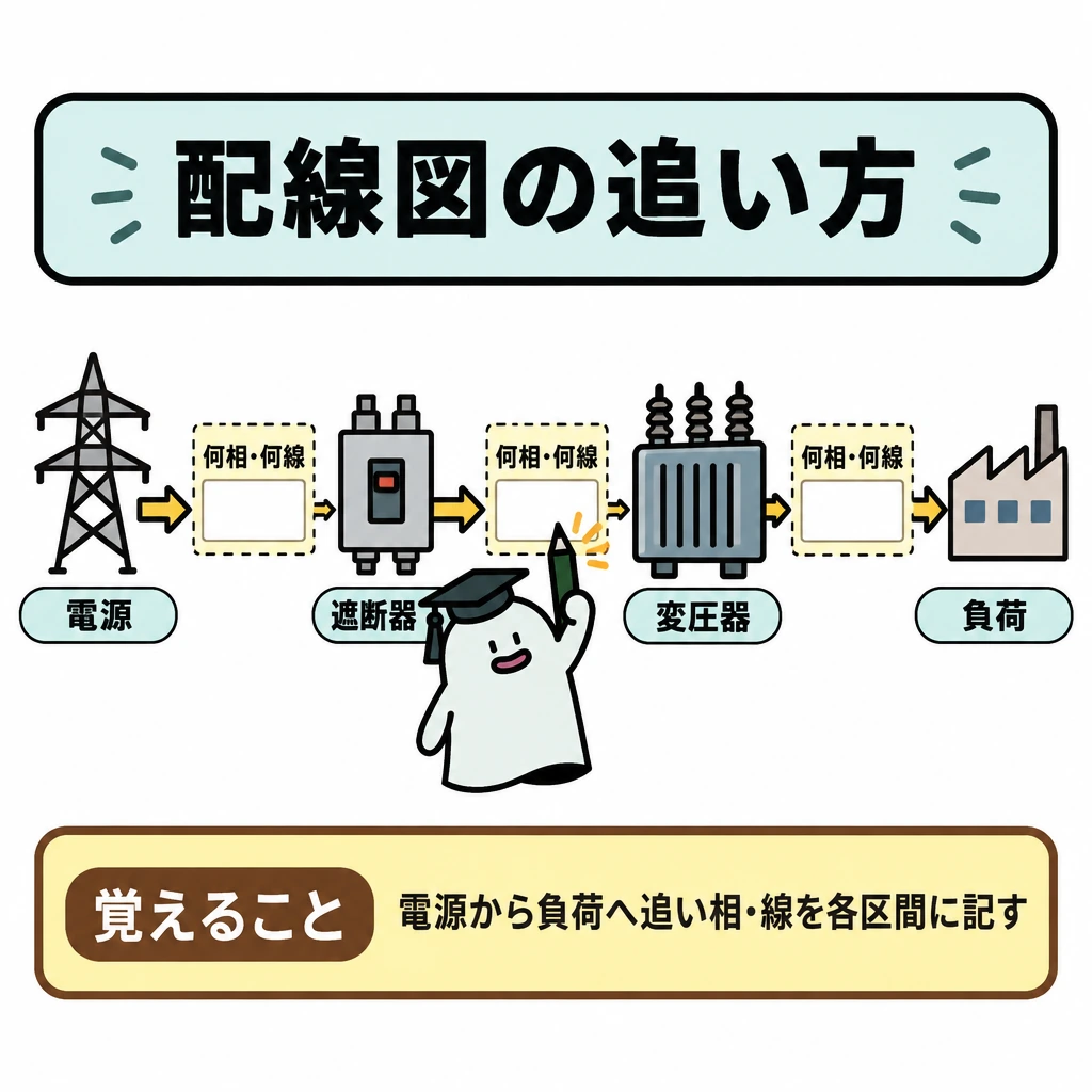 基本の仕組みの図解。中央に電源→遮断器→変圧器→負荷を左から右へ並べ、矢印で電力の流れを示す。各機器の間には区間ごとに仕切った「何相・何線」の記入欄を置く。