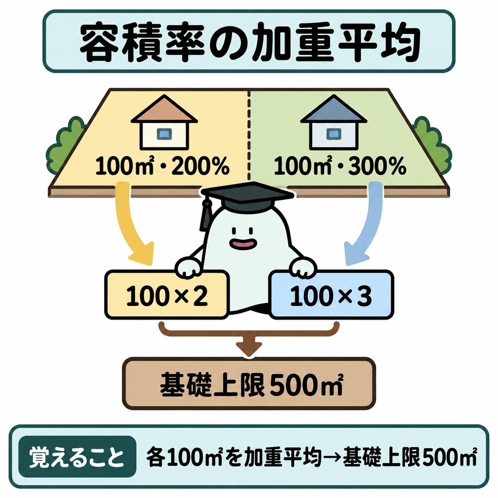 基本の仕組みの図解。中央の敷地を左右同じ大きさの100㎡ずつに仕切り、左に200%、右に300%を記す。各区画から下の計算欄へ矢印を引き、100×2と100×3を足して基礎上限500㎡に結ぶ。