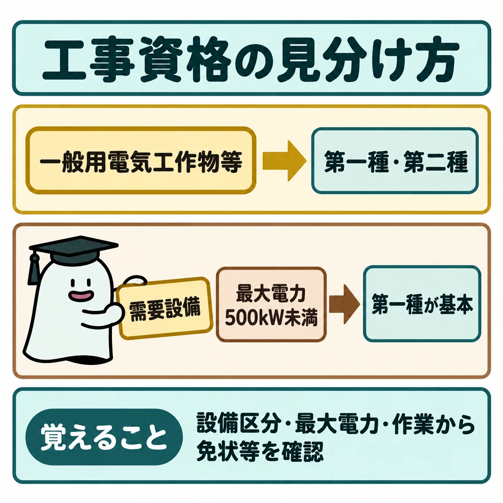 基本の仕組みの図解。中央を上下2段に仕切り、上段は「一般用電気工作物等」から「第一種・第二種」の両方へ、下段は「需要設備」「最大電力500kW未満」から「第一種が基本」へ矢印をつなぐ。2段を混ぜず、設備区分と最大電力による違いを見せる。