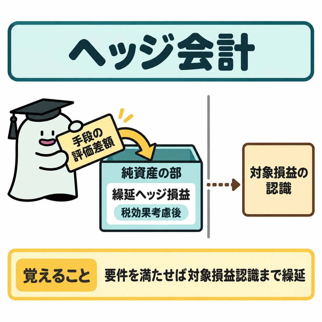 デリバティブとヘッジ会計の図解。左の「手段の評価差額」から中央の「純資産の部」に矢印を引き、中央の箱に「繰延ヘッジ損益」と「税効果考慮後」を記す。中央と右を縦線で仕切り、右の「対象損益の認識」まで繰り延べる関係を点線の矢印で示す。