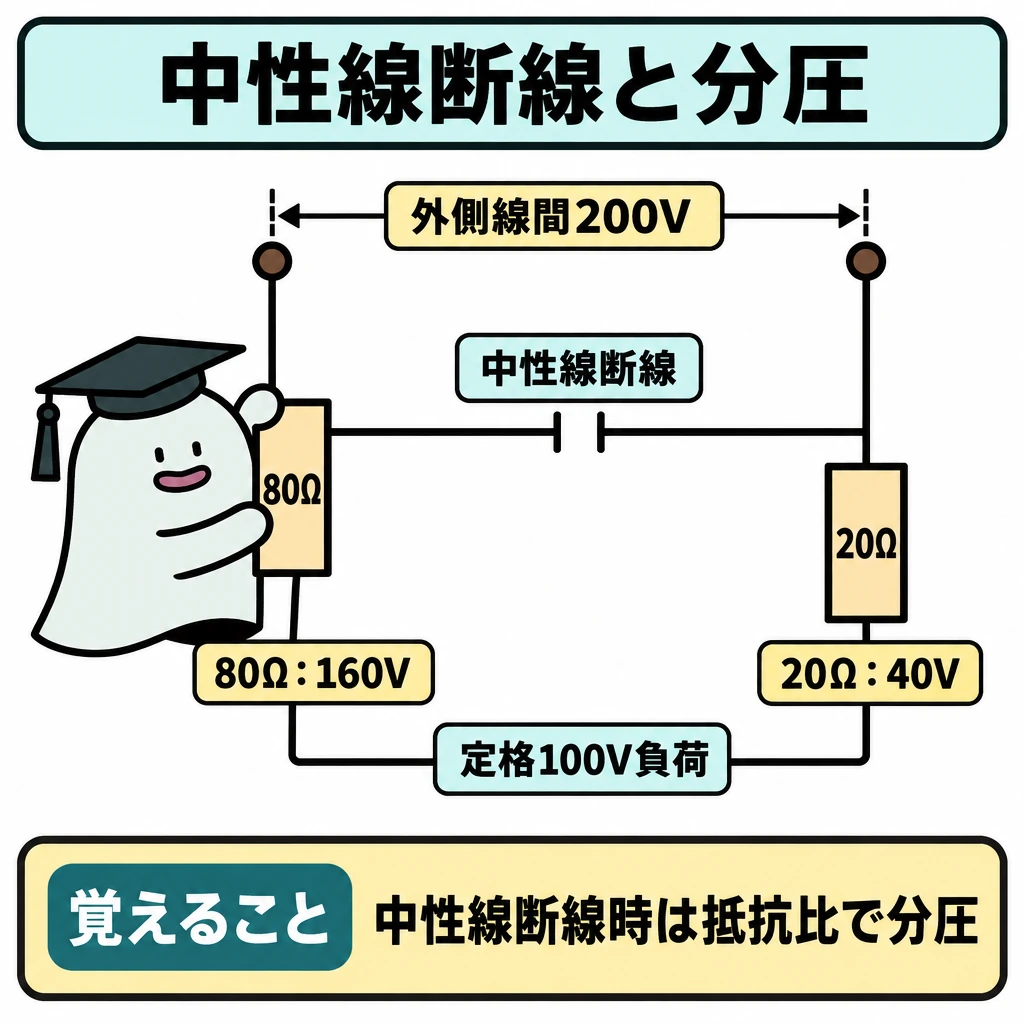 方式と中性線断線の図解。正方形の中央に単相3線式の回路模型を一つだけ描く。左右の外側線間を200Vとし、中性線は中央で途切れた状態にする。定格100Vの二つの抵抗負荷を外側線間に直列に置き、80Ω側に160V、20Ω側に40Vを表示する。