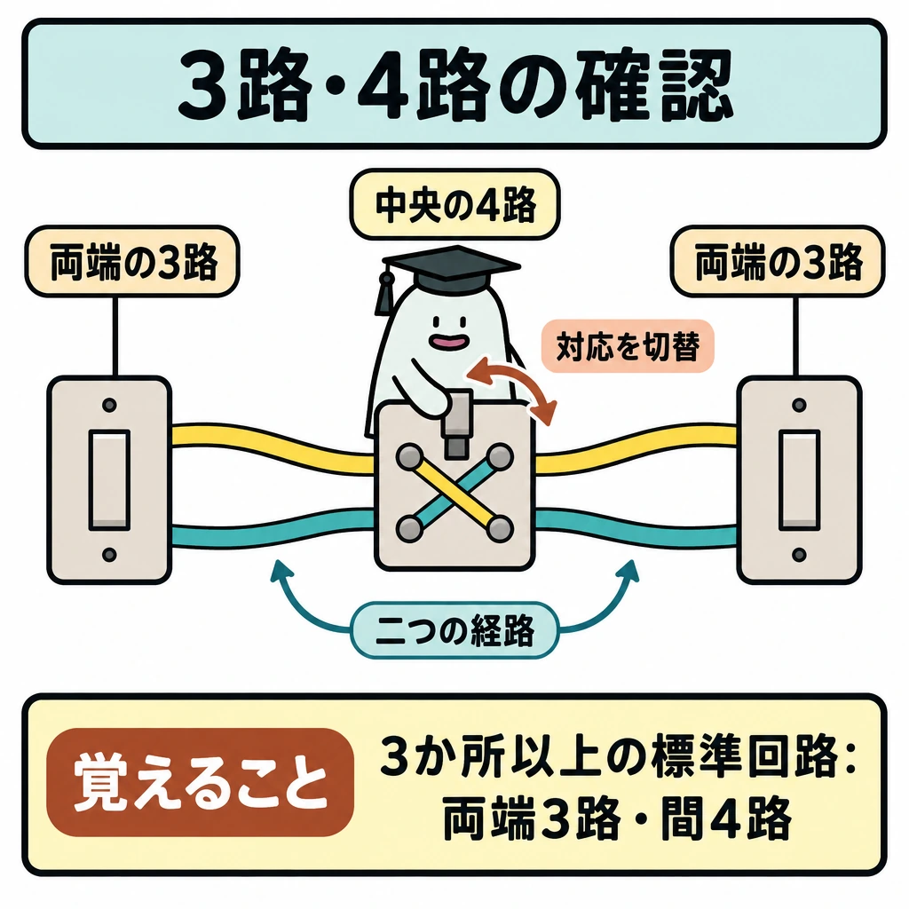 確認の図解。正方形の中央に4路スイッチ、左右の端に3路スイッチを1個ずつ置き、両端を結ぶ二つの経路を描く。中央の4路スイッチ内では経路を交差させ、切り替えで二つの経路の対応が変わることを曲線矢印で示す。