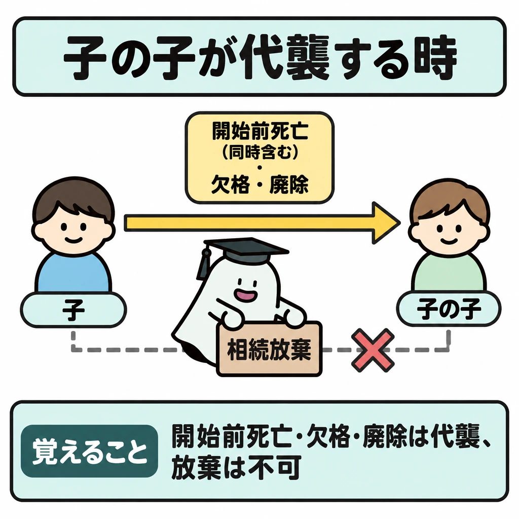 相続と代襲相続の図解。中央の「子」から右の「子の子」へ向かう１つの判定図。上側では「開始前死亡（同時含む）」「欠格・廃除」から代襲を示す矢印を右へ通し、下側の「相続放棄」からは矢印を引かず、仕切り線と×で区別する。
