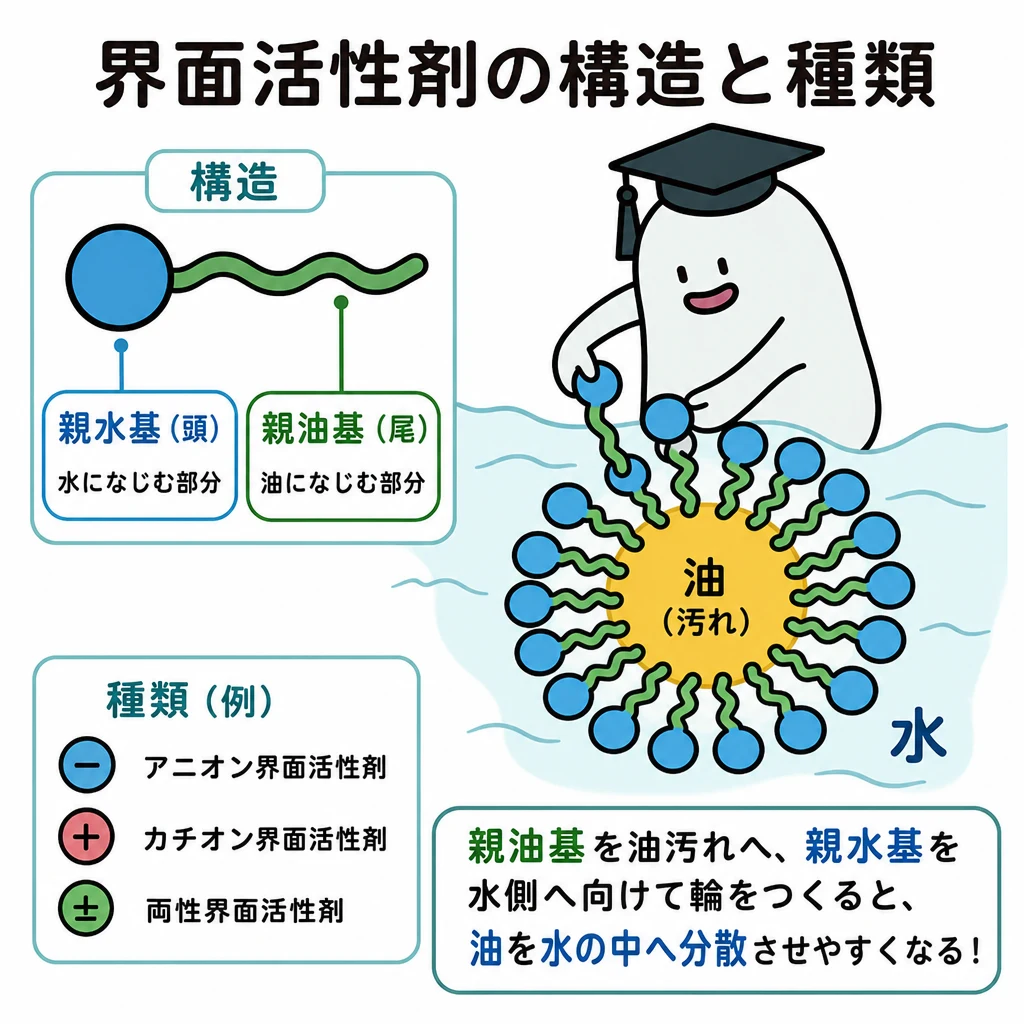 青い親水基と緑の親油基を区別し、油滴へ尾を向けて取り囲む界面活性剤を示す図。