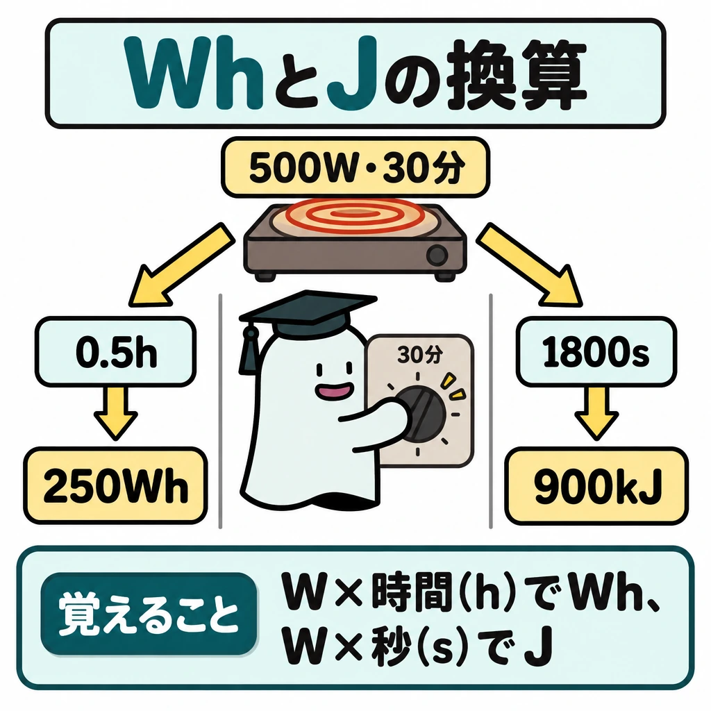 W・Wh・J・kWhを変換するの図解。上部の電熱器「500W・30分」から下へ矢印を2本に分け、縦線で仕切る。左は時間に換算して「0.5h→250Wh」、右は秒に換算して「1800s→900kJ」と示す。