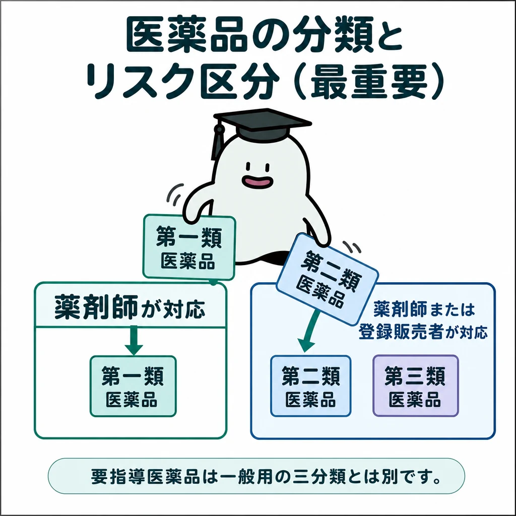エルくんが説明する図解。第一類→薬剤師、第二/第三類→薬剤師または登録販売者の対応図。