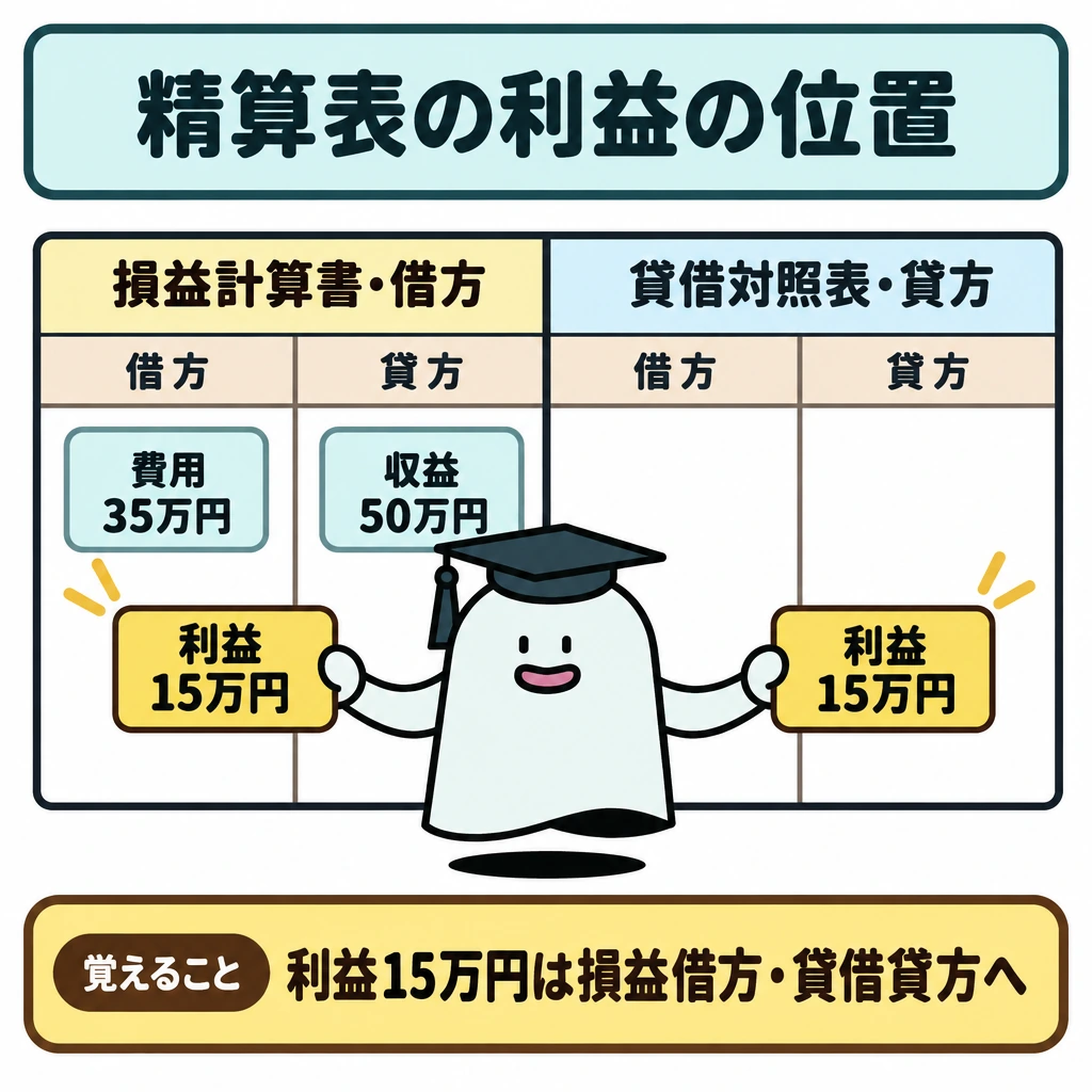 基本の仕組みの図解。1枚の精算表を縦線で左右に分け、左を損益計算書欄、右を貸借対照表欄にする。左では借方の費用35万円と貸方の収益50万円の差額として、利益15万円を借方に入れ、右では同じ利益15万円を貸方に入れる。