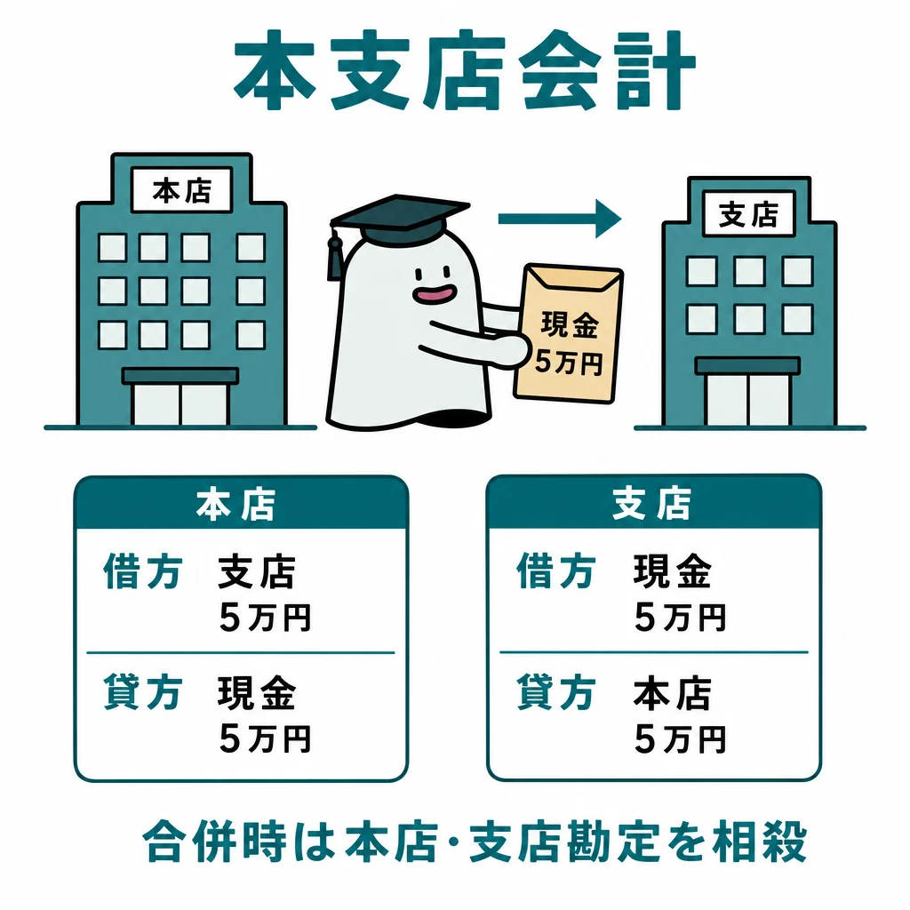 本店から支店へ現金5万円を渡す場面と、双方の借方・貸方の仕訳、合併時の本店・支店勘定の相殺を示す図。