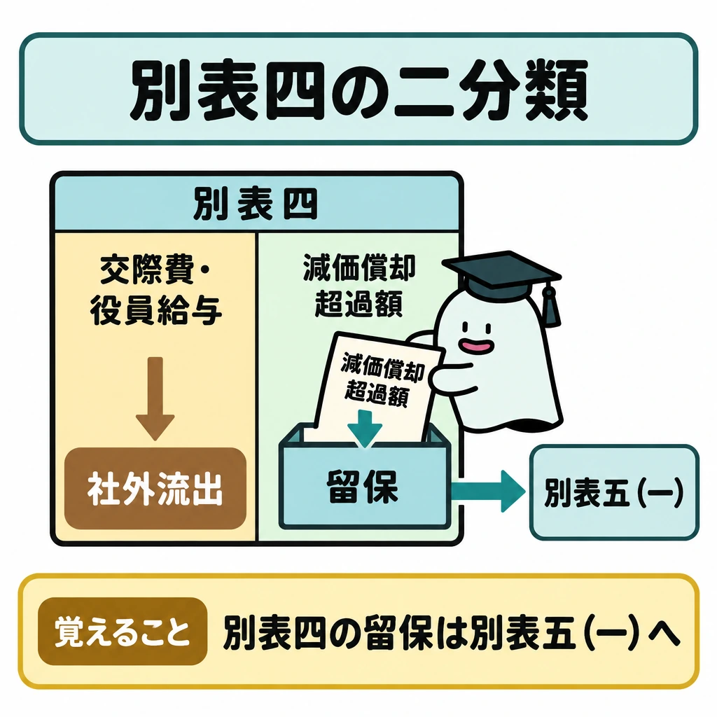 役員給与・会社と役員間の取引・別表の図解。中央の別表四を縦線で左右に分け、左は「交際費・役員給与」→「社外流出」、右は「減価償却超過額」→「留保」と配置する。右の「留保」からだけ「別表五(一)」へ矢印を伸ばす。