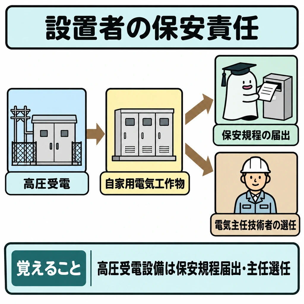 設置者の保安責任の図解。正方形の左に高圧受電の需要設備、中央に自家用電気工作物を置き、右向き矢印でつなぐ。中央から右側の「保安規程の届出」と「電気主任技術者の選任」へ矢印を二股に分け、両方が必要と示す。