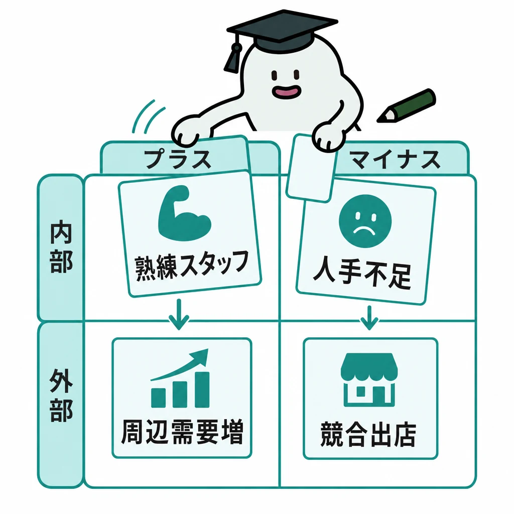 エルくんが説明する図解。SWOTの2×2表に熟練スタッフ・人手不足・周辺需要増・競合出店を配置。