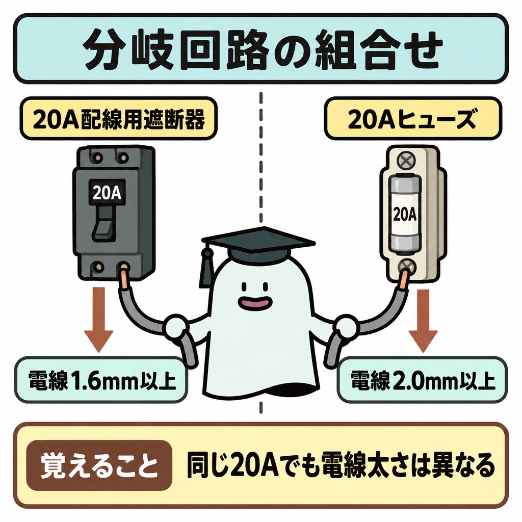 分岐回路の組合せを選ぶの図解。中央のエルくんを挟み、左に20A配線用遮断器と電線1.6mm以上、右に20Aヒューズと電線2.0mm以上を並べ、中央を縦の仕切りで分ける。各機器から対応する電線へ下向き矢印を引き、同じ20Aでも必要な電線の太さが違うことを示す。