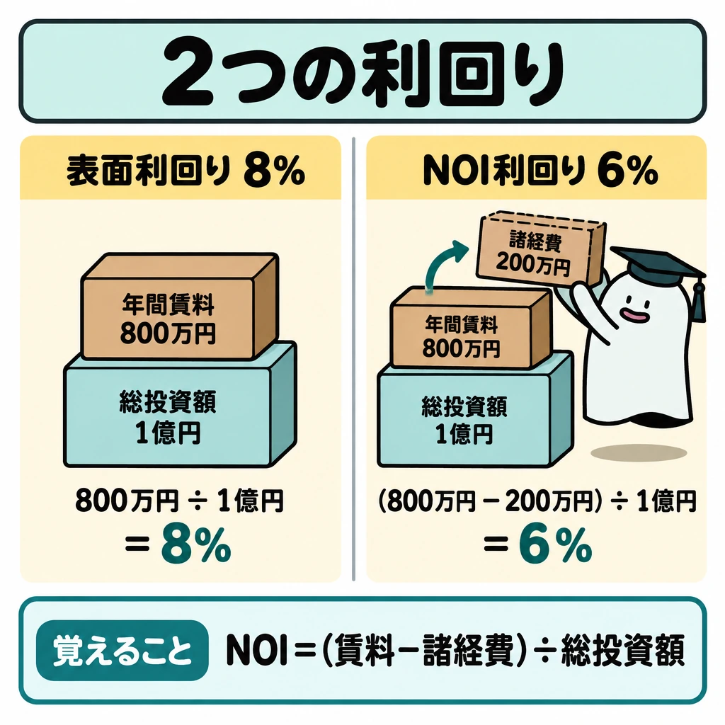 活用方式と利回りを比べるの図解。中央で縦に仕切り、左は年間賃料800万円÷総投資額1億円→表面利回り8%、右は(年間賃料800万円−諸経費200万円)÷総投資額1億円→NOI利回り6%を並べる。右側では、賃料から諸経費を取り除く動きを矢印で示す。