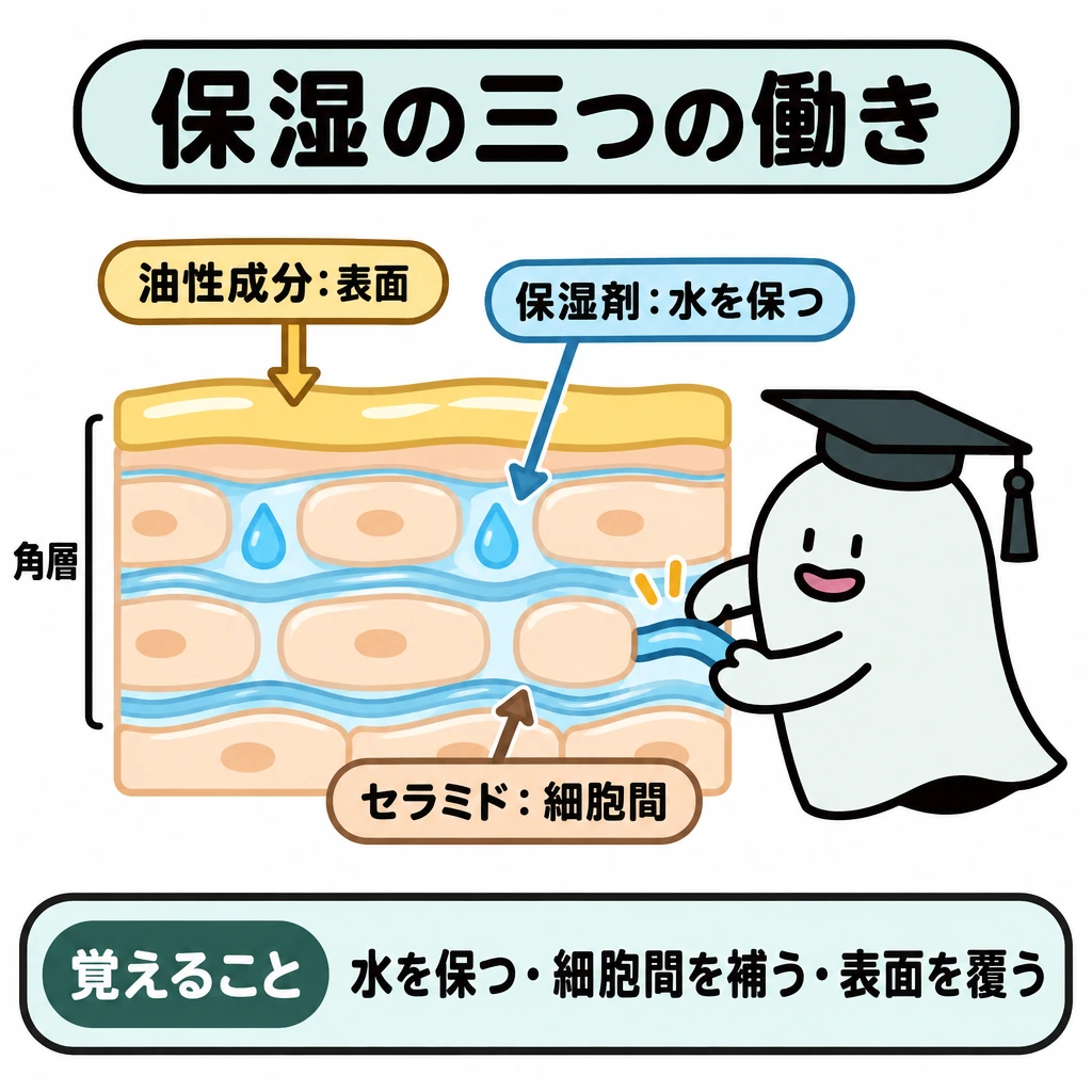 吸湿・細胞間脂質・閉塞の三役の図解。一続きの角層断面に、上から表面の油性成分の膜、角層内で水を保つ保湿剤、細胞間のセラミドを描く。各ラベルから短い矢印を伸ばし、表面を覆う・水を保つ・細胞間を補う位置を示す。
