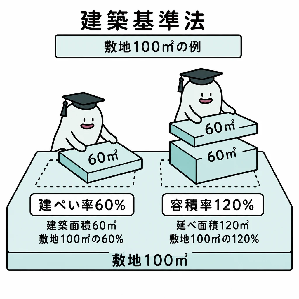 敷地に占める建築面積と、各階の合計床面積をエルくんが比較する図。
