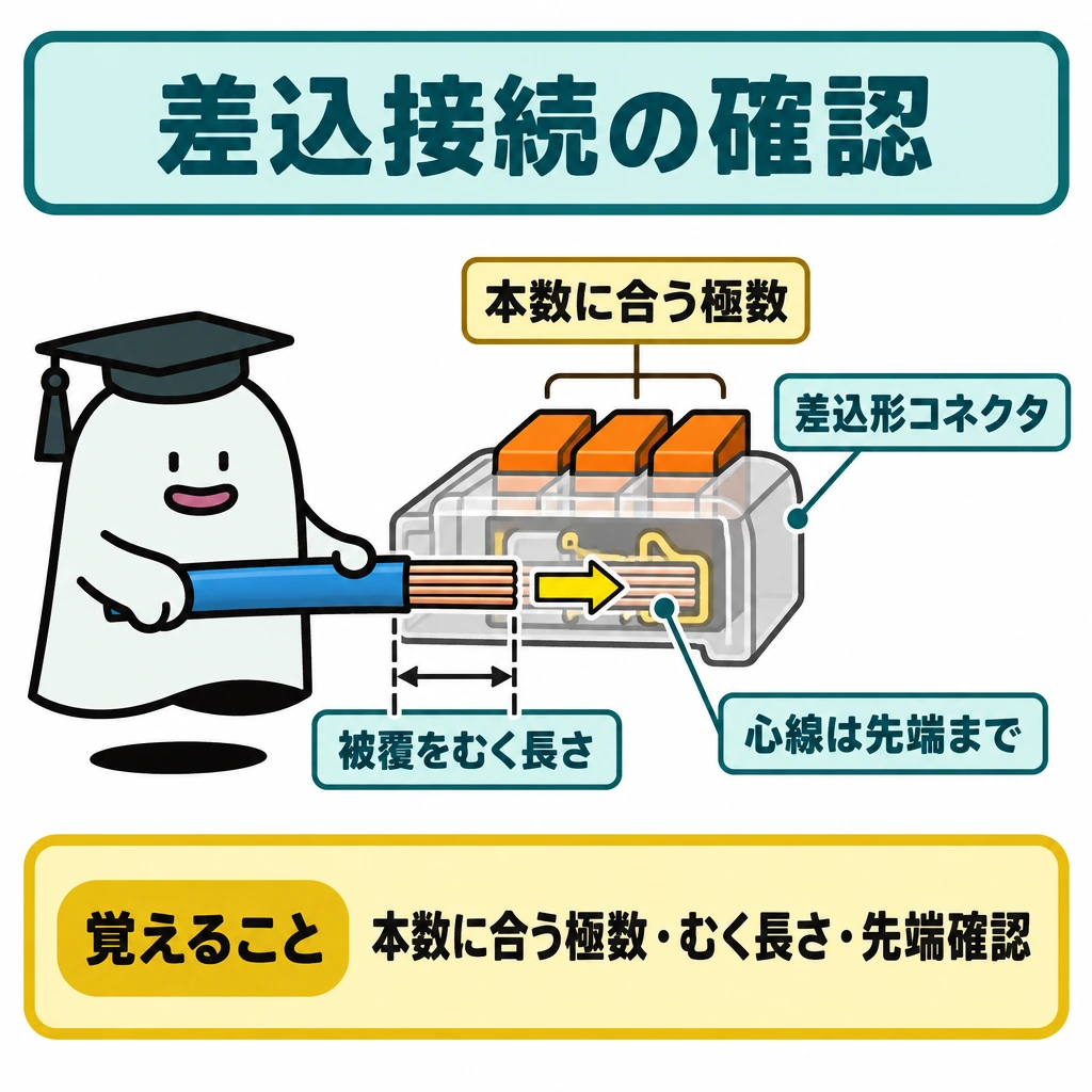 接続方式と確認点の図解。中央に差込形コネクタの断面を大きく描き、左から右の先端へ心線を差し込む矢印を置く。差込口の手前には被覆をむく長さの目印を付け、上部に電線本数と極数の対応を示す。