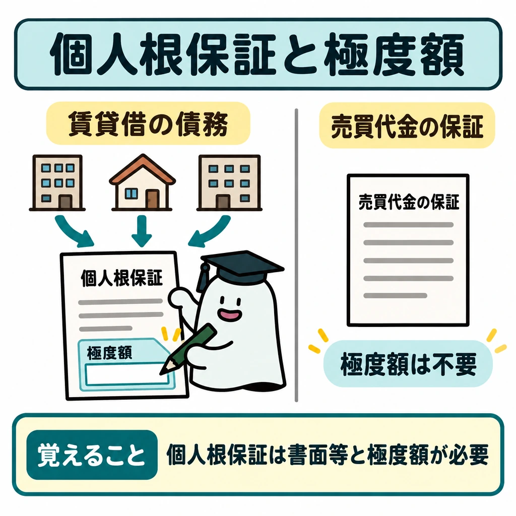 保証・個人根保証の図解。中央の縦線で左右を分け、左は複数の「賃貸借の債務」から書面の「個人根保証」へ矢印を集め、極度額の記入欄を大きく描く。右は「売買代金の保証」を書面で示し、特定の債務の保証には極度額の要件がないことを対比する。