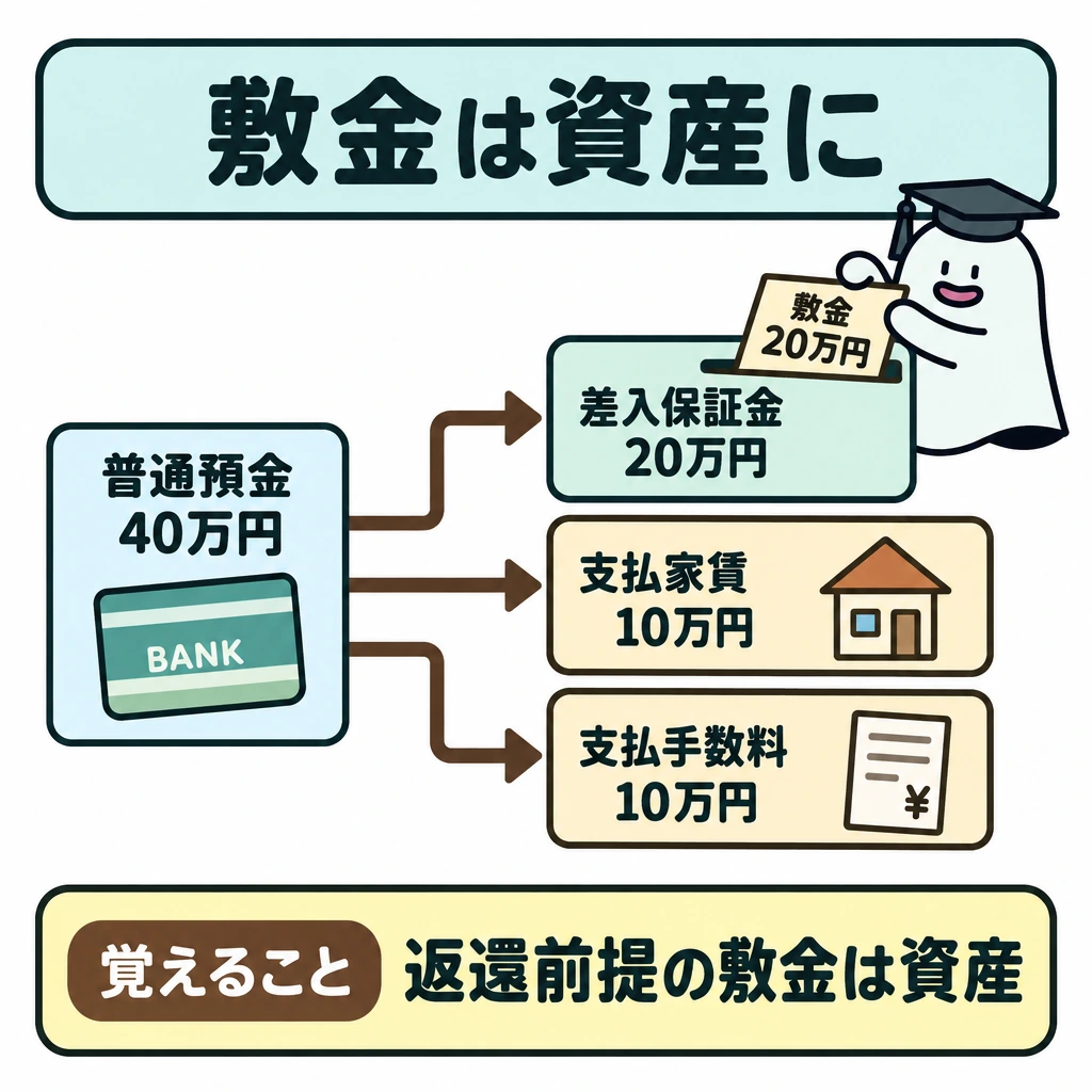 税金・資本・保証金の仕訳の図解。左に貸方「普通預金40万円」、右に借方の3項目を置き、左から右へ伸びる矢印を3本に分ける。右側は横線で仕切り、上段を資産「差入保証金20万円」、下段を費用「支払家賃10万円」「支払手数料10万円」とする。