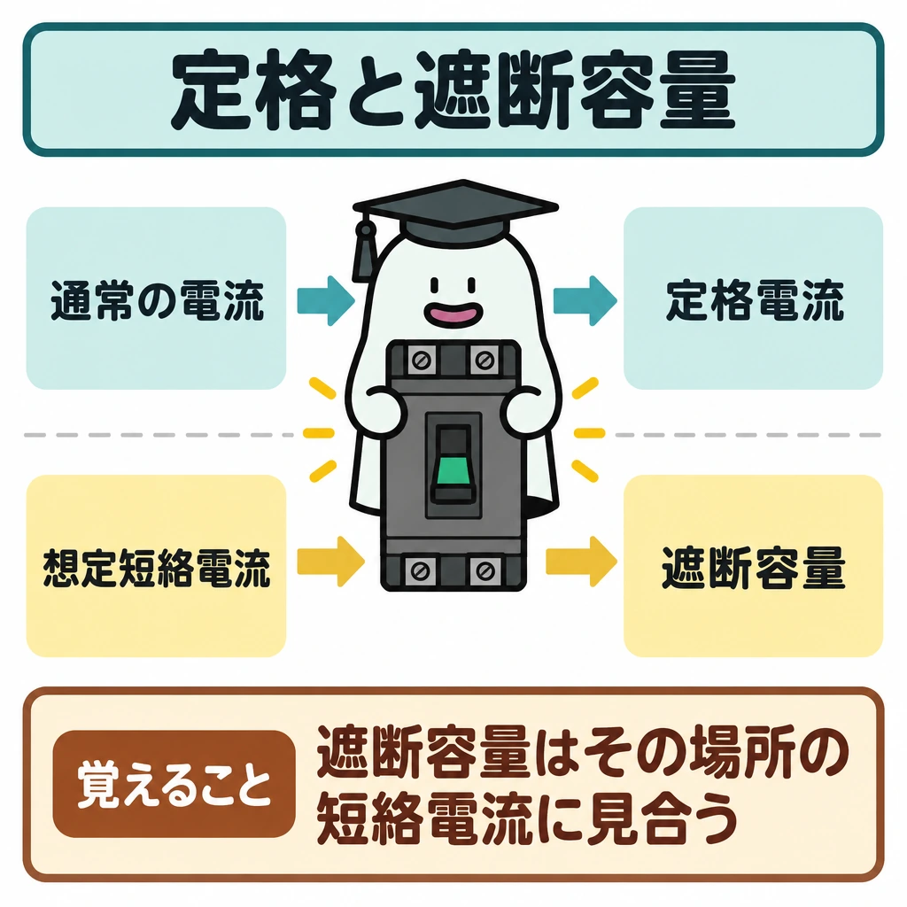 基本の仕組みの図解。中央に配線用遮断器を大きく置き、上下を仕切った一つの比較図にする。上段は「通常の電流」→「定格電流」、下段は「その場所の想定短絡電流」→「遮断容量」と矢印で対応させる。