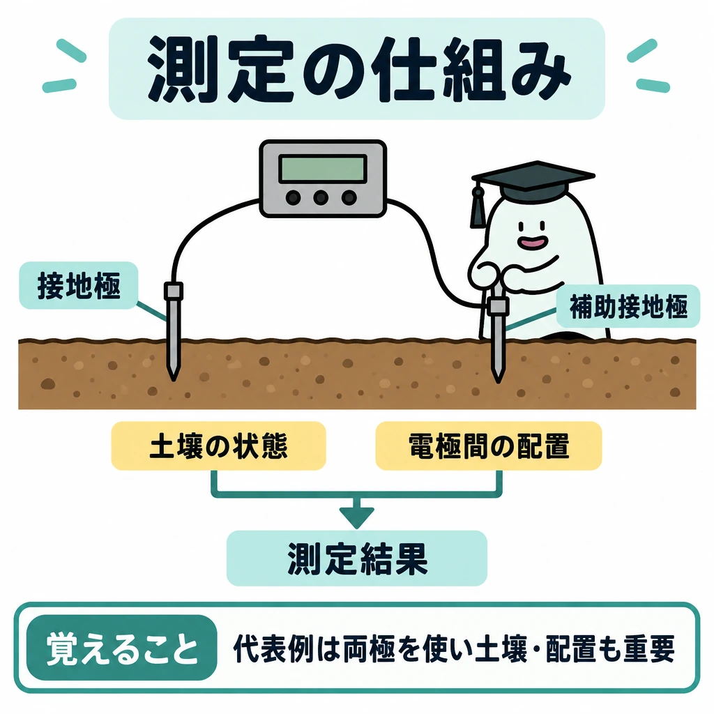 基本の仕組みの図解。下半分に一続きの土壌を描き、左に接地極、右に補助接地極を配置。上部の器械から両極へ接続線を伸ばし、土壌の状態と電極間の配置から測定結果へ矢印を向ける。