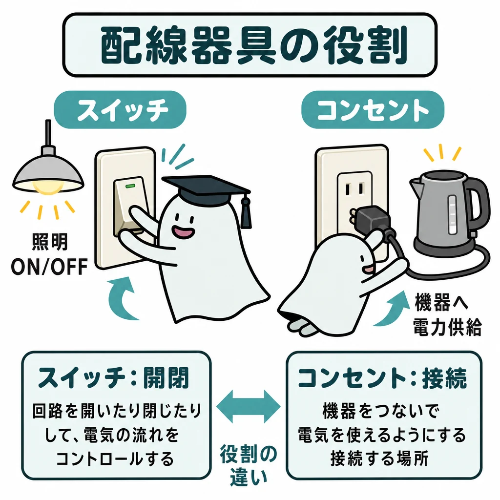 配線器具の役割。壁スイッチとコンセントを大きく左右対比。