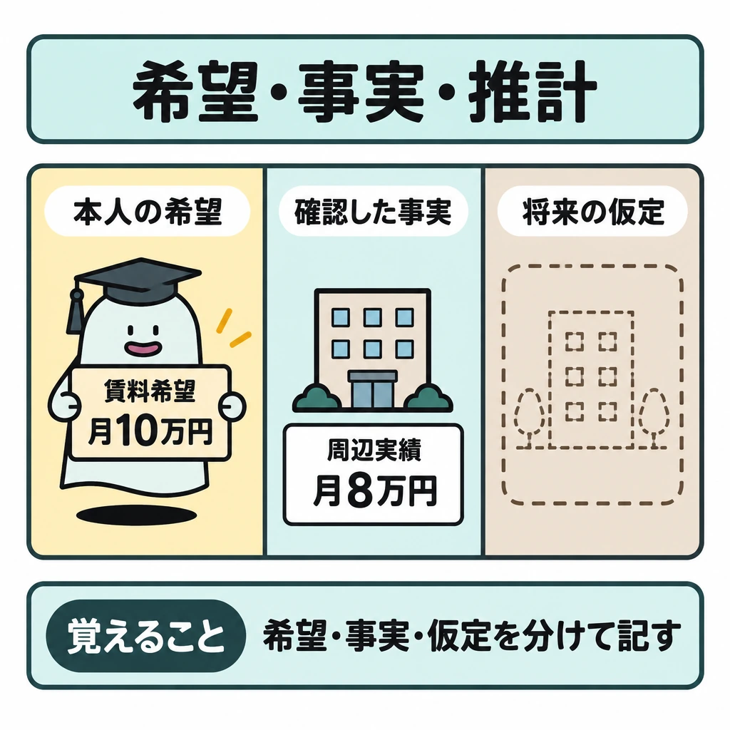 希望・事実・推計を別々に扱うの図解。正方形の中央を縦の仕切りで3欄に分け、左に本人の賃料希望、中央に市場資料で確かめた周辺実績、右に点線枠の将来の仮定を並べる。月10万円と月8万円の間に変換を示す矢印は置かず、別の情報として見せる。