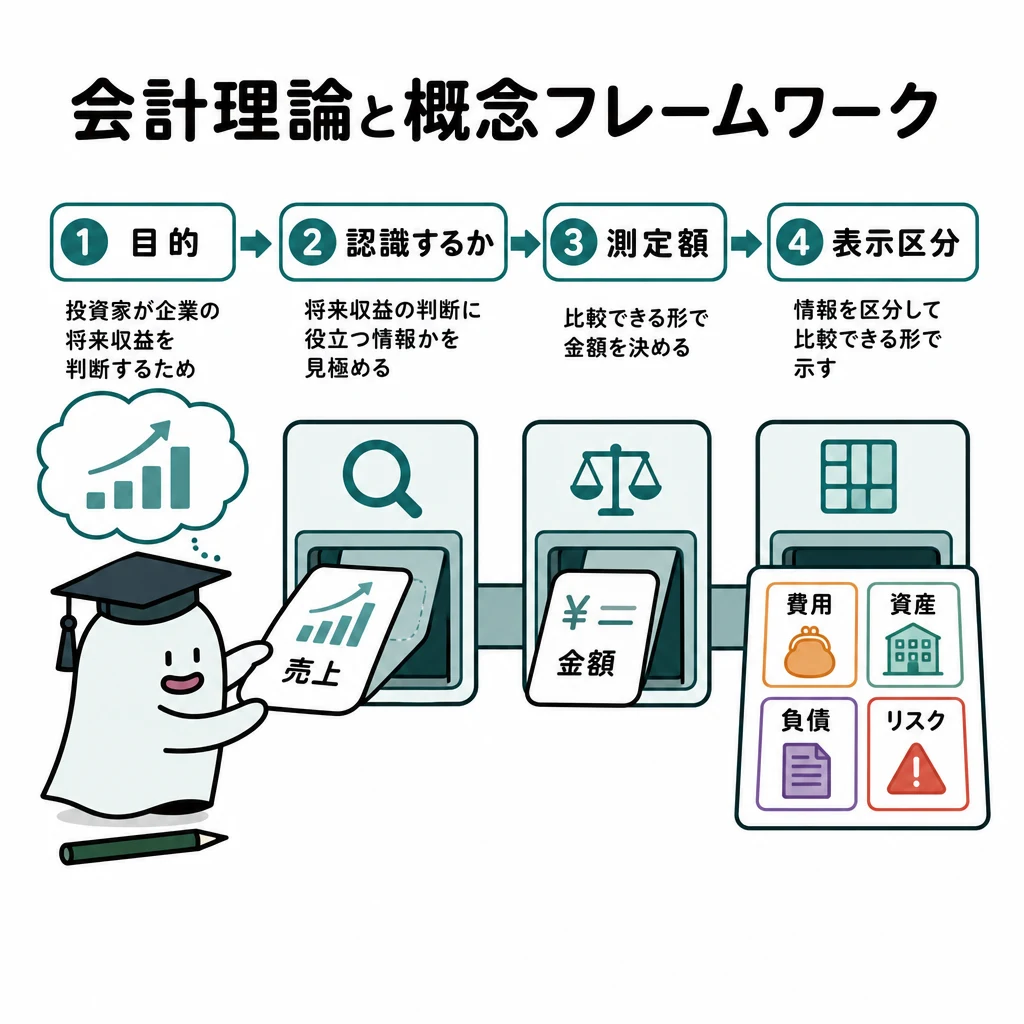 エルくんが説明する図解。目的→認識するか→測定額→表示区分の四段階。