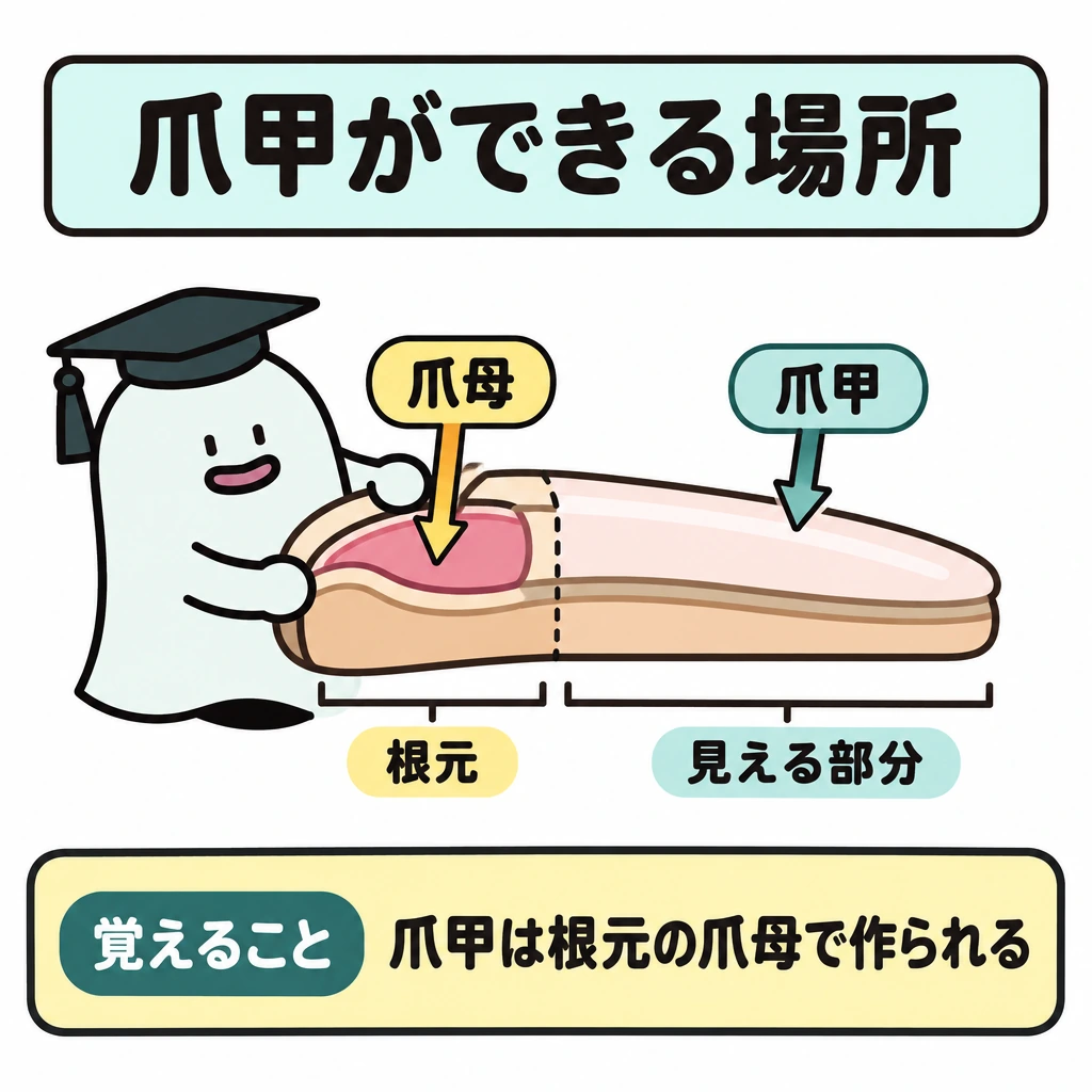 基本の仕組みの図解。中央に爪の断面模型を大きく置き、左を根元、右を爪先にする。根元の「爪母」から、見えている板状の「爪甲」へ矢印を伸ばし、根元と見える部分を点線で区切る。