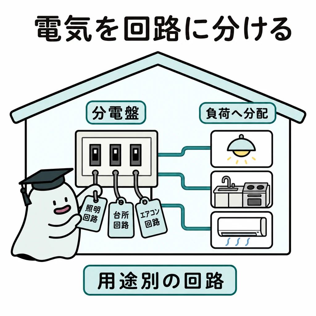 電気を回路に分ける。住宅全景の左に分電盤、右に照明・台所・エアコンの三つの機器グループ。