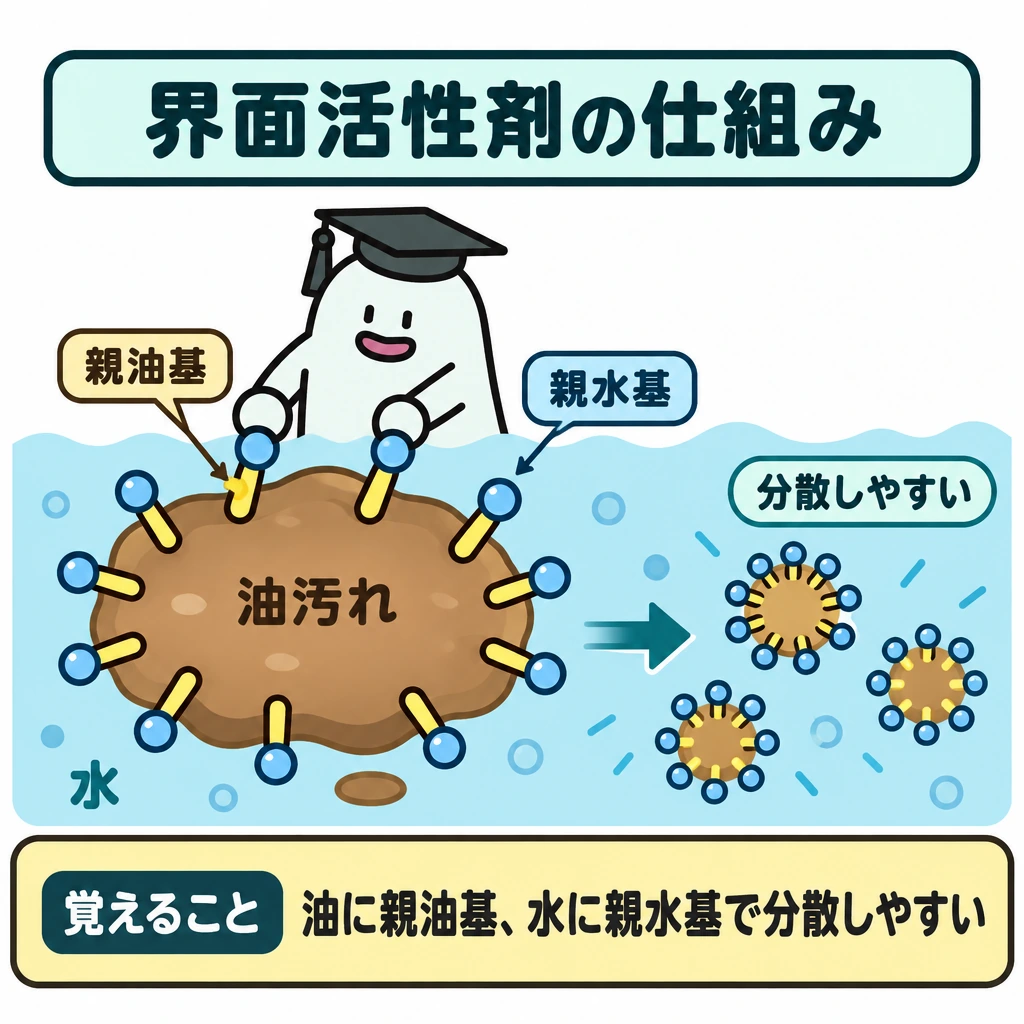 基本の仕組みの図解。中央の油汚れを水が囲む一つの図にし、境界に並ぶ界面活性剤の親油基を油側、親水基を水側へ向ける。油から水中の小さな油滴へ矢印を引き、分散しやすくなる様子を示す。