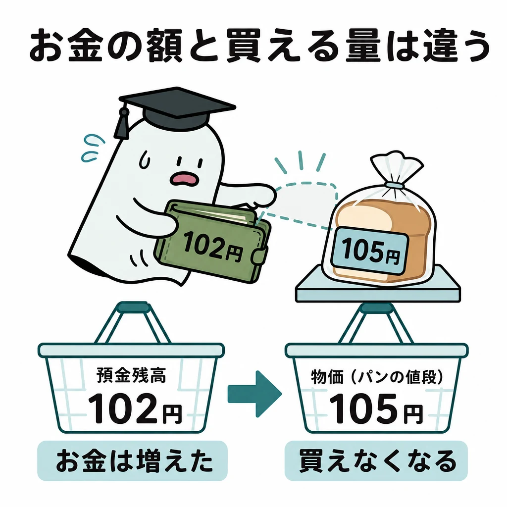 102円の預金を入れた財布と105円のパンを比べ、預金が増えてもパンを買えなくなる例