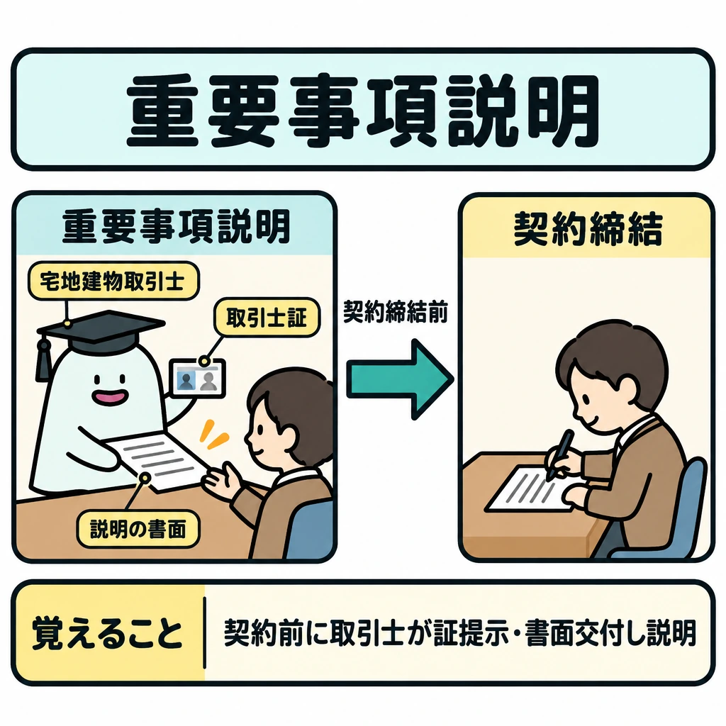重要事項説明と手付の図解。左に重要事項説明、右に契約締結を置き、左から右への矢印で「契約前」の順序を示す。左側の一場面で、取引士証の提示と書面の交付を描く。