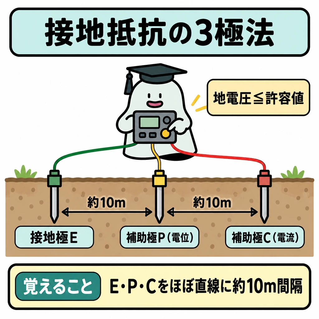 接地抵抗の3極法の図解。地面の断面に接地極E、補助接地極P、Cを左からほぼ一直線に並べ、E―P間とP―C間にそれぞれ「約10m」の両矢印を置く。上部の接地抵抗計から各極へ線をつなぎ、電池・補助極の位置と接続を確認し、地電圧が許容値以下であることを確かめてから測定する流れを示す。