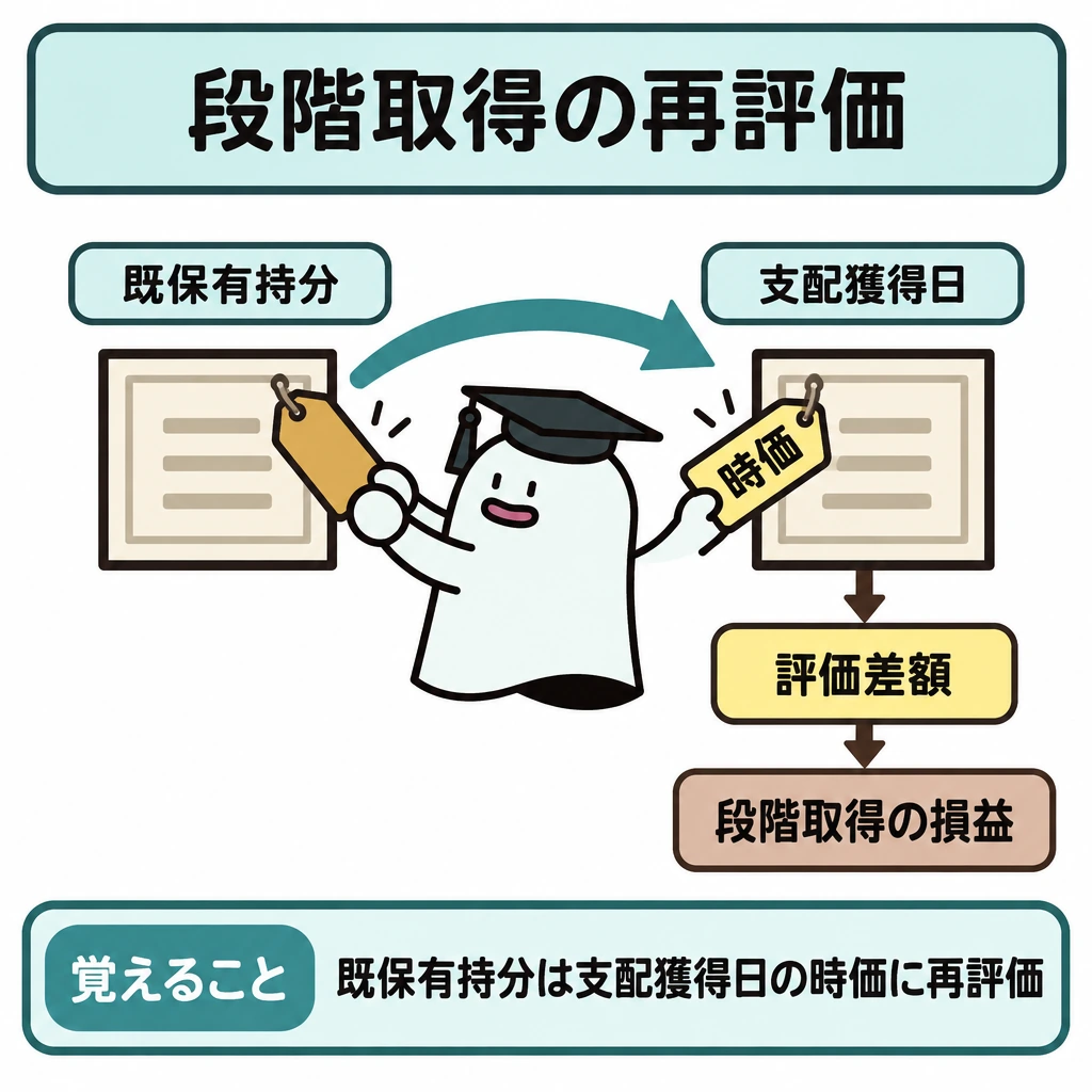 取得法と支配の変化の図解。中央の既保有持分から右の「支配獲得日の時価」へ矢印を引き、下向きの枝で評価差額を「段階取得の損益」につなぐ。差額の枝以外に処理の流れを増やさない。