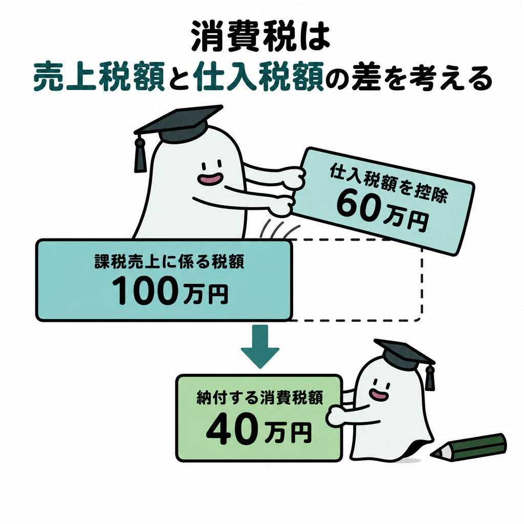 課税売上に係る税額から控除対象の仕入税額を差し引き、納付税額へ進む図