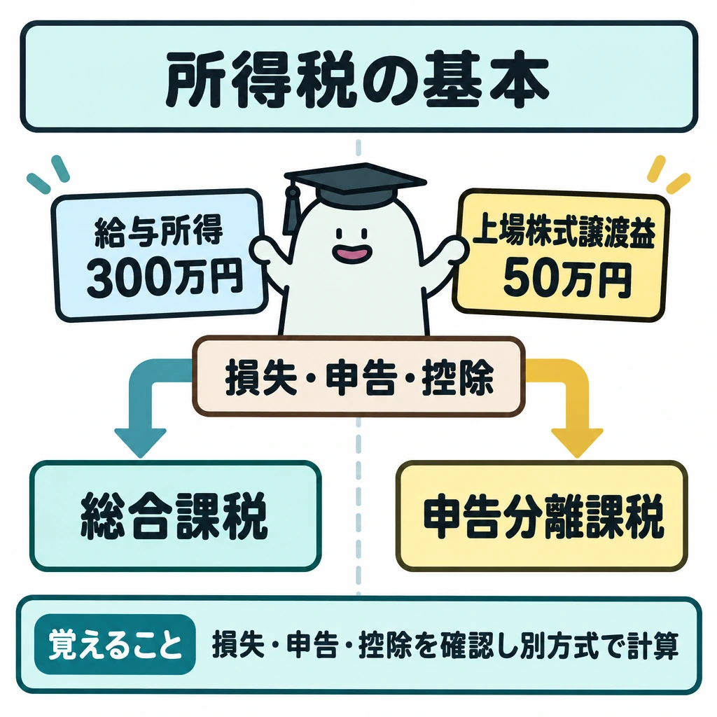 基本の仕組みの図解。画面を縦の仕切りで左右に分け、左の「給与所得300万円」から「総合課税」へ、右の「上場株式譲渡益50万円」から「申告分離課税」へ、それぞれ下向きの矢印を引く。両方の矢印の手前に、共通の確認事項「損失・申告・控除」を置く。