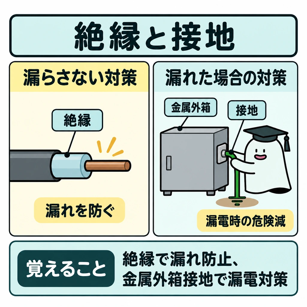 基本の仕組みの図解。中央の仕切りを挟み、左に絶縁によって電流の漏れを防ぐ図、右に金属外箱への接地と漏電時の危険を減らす働きを並べる。左右を「漏らさない対策」と「漏れた場合の対策」として対比する。