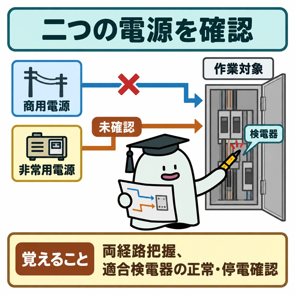 基本の仕組みの図解。左の商用電源と非常用電源から、右の盤内の作業対象へ向かう二つの経路を描く。商用側だけに遮断印を付け、非常用側は「未確認」のまま残して、一方を切るだけでは確認が終わらないことを示す。