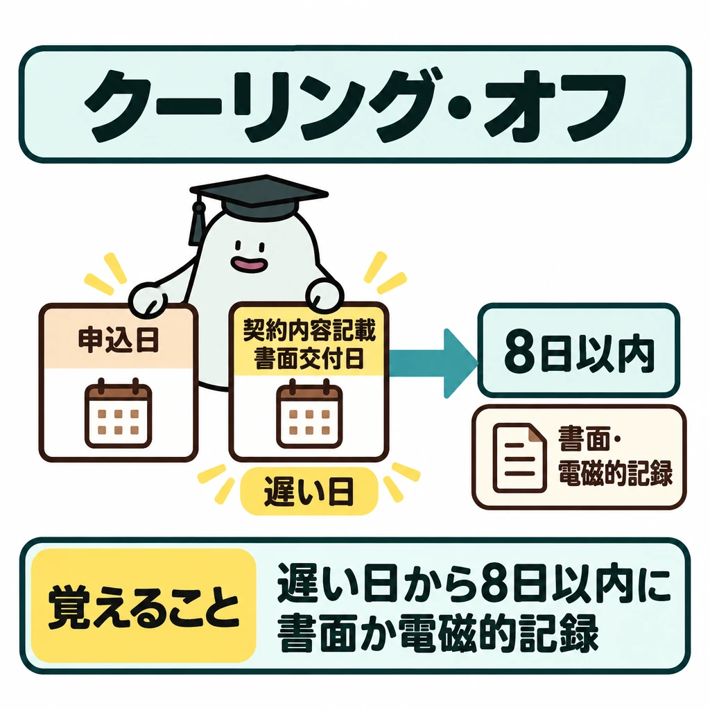 保険法・保険業法と契約者保護の図解。対象となる契約について、左に「申込日」と「契約内容記載書面交付日」の2枚の札を並べ、遅い日から右へ矢印を伸ばす。矢印の先に「8日以内」と、行う方法である「書面・電磁的記録」を置く。