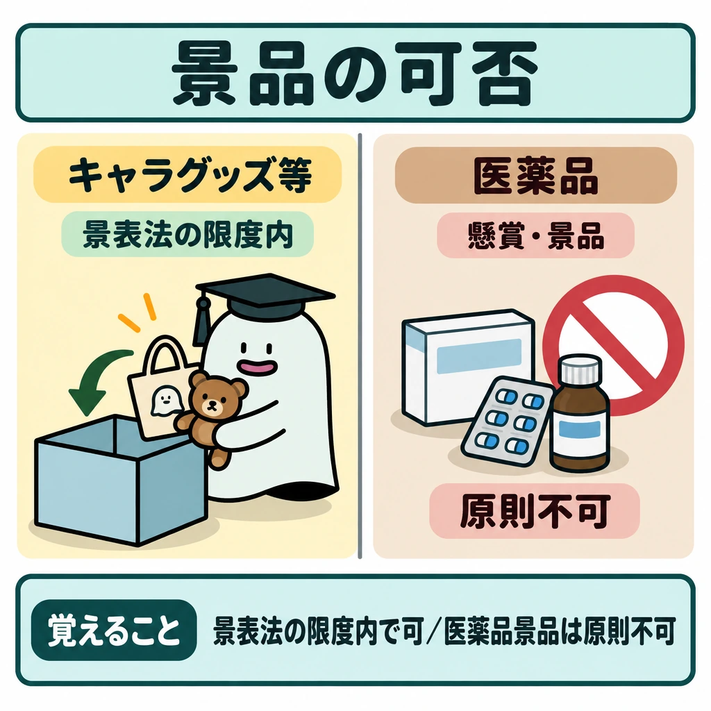 不適正な販売方法と行政の監視指導の図解。中央に縦の仕切りを置き、左に「景表法の限度内」で提供できるキャラグッズ等、右に懸賞・景品としての授与が原則不可の医薬品を配置する。左には箱へ入る矢印、右には授与を止める印を付ける。