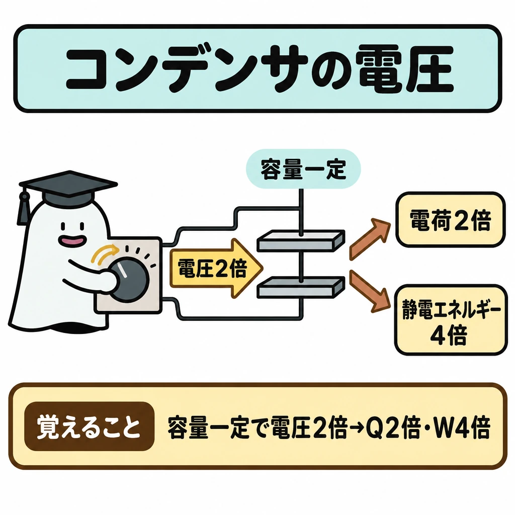 正弦波・RLC・コンデンサの図解。中央に1つの平行平板コンデンサ、左に電圧調整つまみを置く。つまみから「電圧2倍」の矢印をコンデンサへ向け、右側では「電荷2倍」と「静電エネルギー4倍」へ矢印を二股に分ける。コンデンサの上に「容量一定」と添える。
