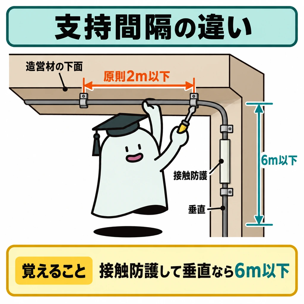 支持間隔と機械的保護の図解。1つの造営材の角を描き、上部の下面沿いケーブルには支持点間を示す横矢印「原則2m以下」、右側の接触防護を施した垂直ケーブルには縦矢印「6m以下」を置く。2本の寸法線を色分けし、それぞれ別の条件だと分かるようにする。