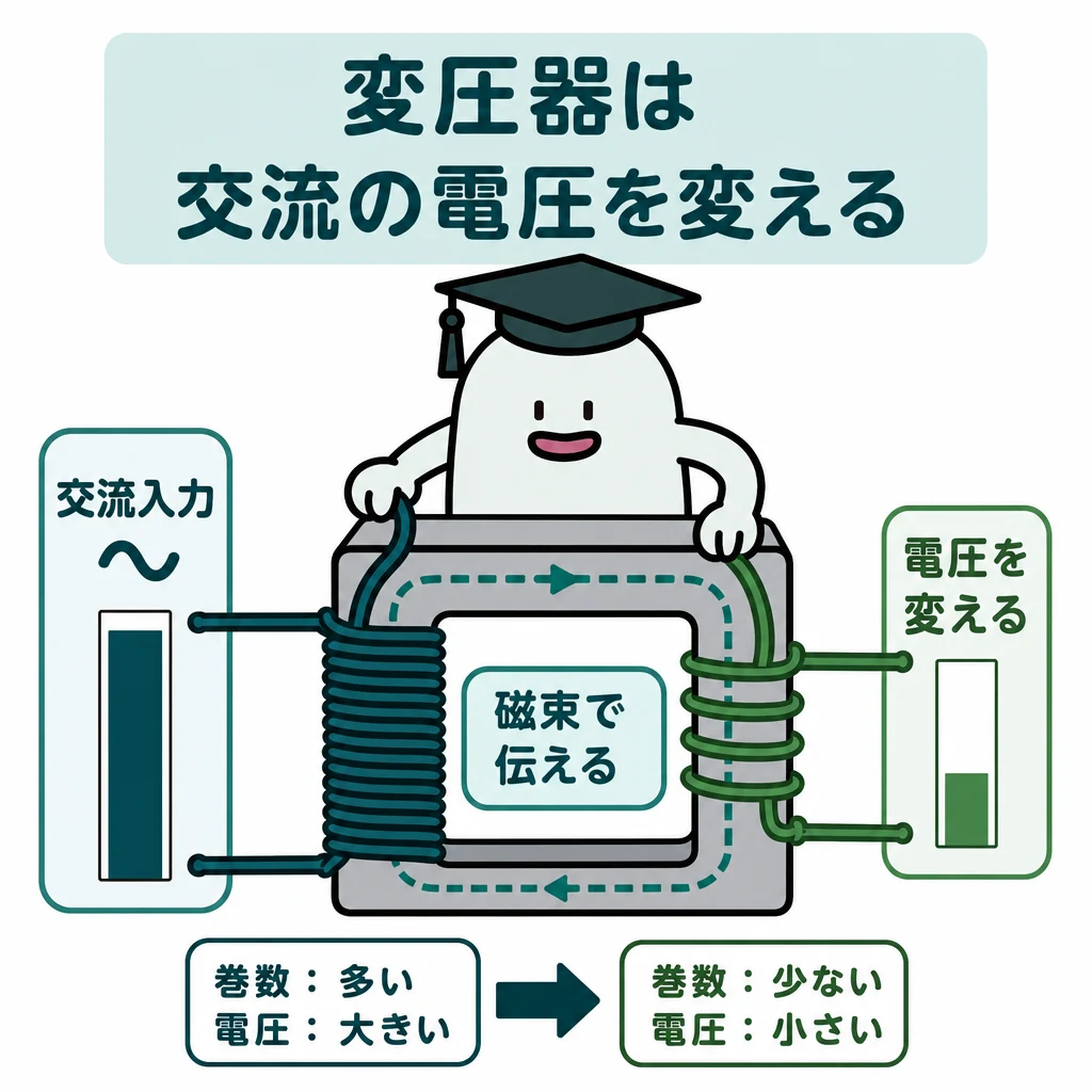 変圧器は交流の電圧を変える。閉じた鉄心の左に巻数の多いコイル、右に巻数の少ないコイル。