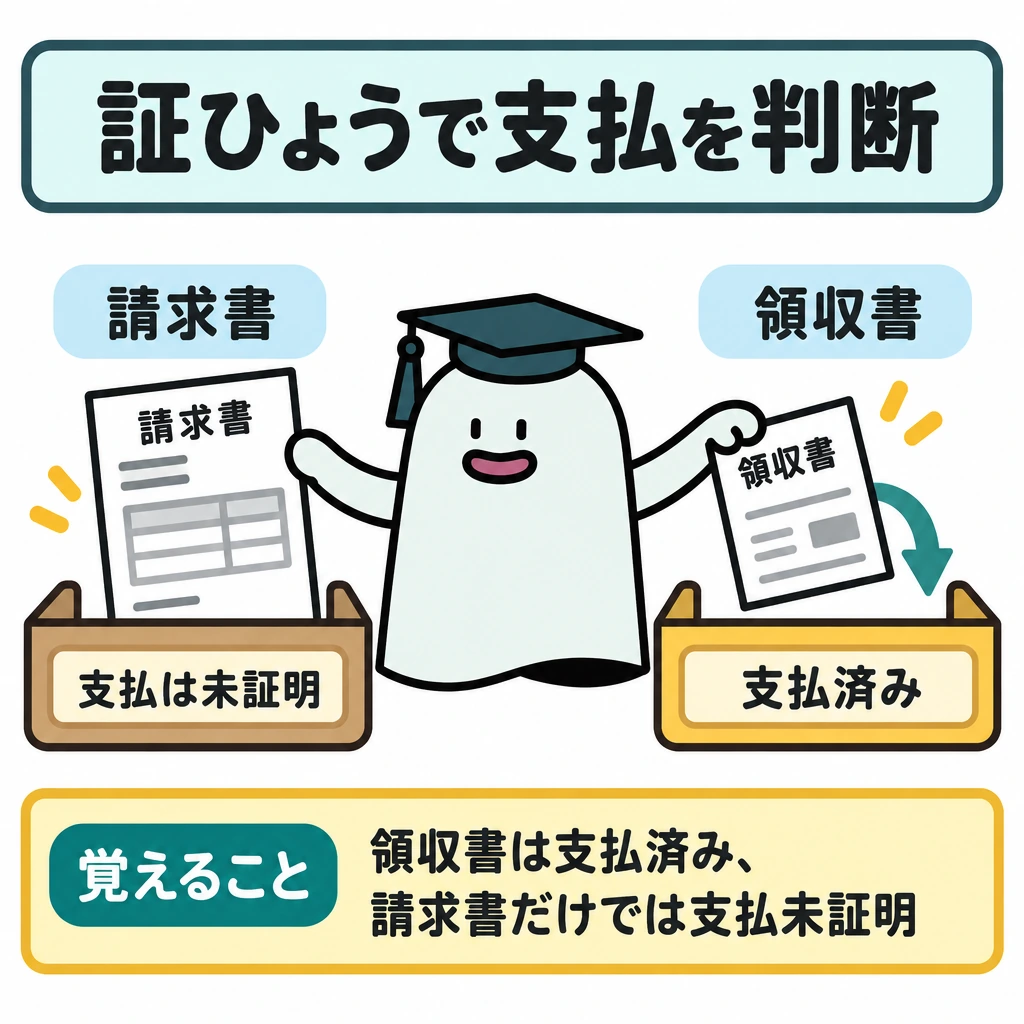 証ひょうから取引を推定するの図解。画面を左右に仕切り、左に請求書、右に領収書を置く。領収書からだけ「支払済み」へ矢印を伸ばし、請求書側には支払を示す矢印を描かない。