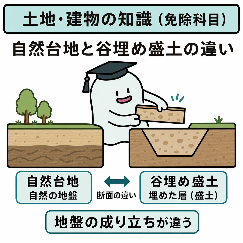 エルくんが説明する図解。自然台地と谷埋め盛土の断面、地表が平坦でも内部が違う対比。
