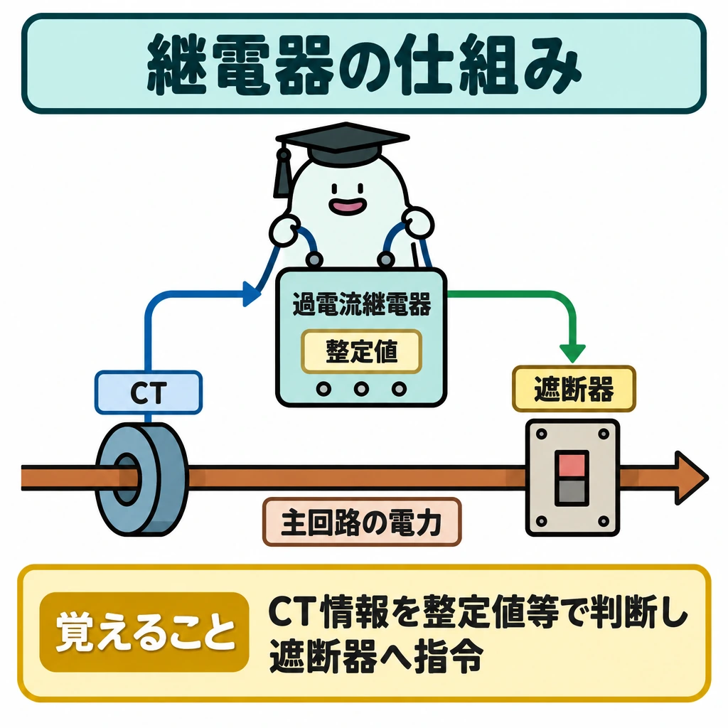 基本の仕組みの図解。下段に主回路の電力線を左から右へ引き、線を囲むCTを左、遮断器を右に置く。仕切りの上に過電流継電器を置き、CTからは電流情報、継電器から遮断器へは指令の矢印を引いて、主回路が継電器を通らないことを示す。