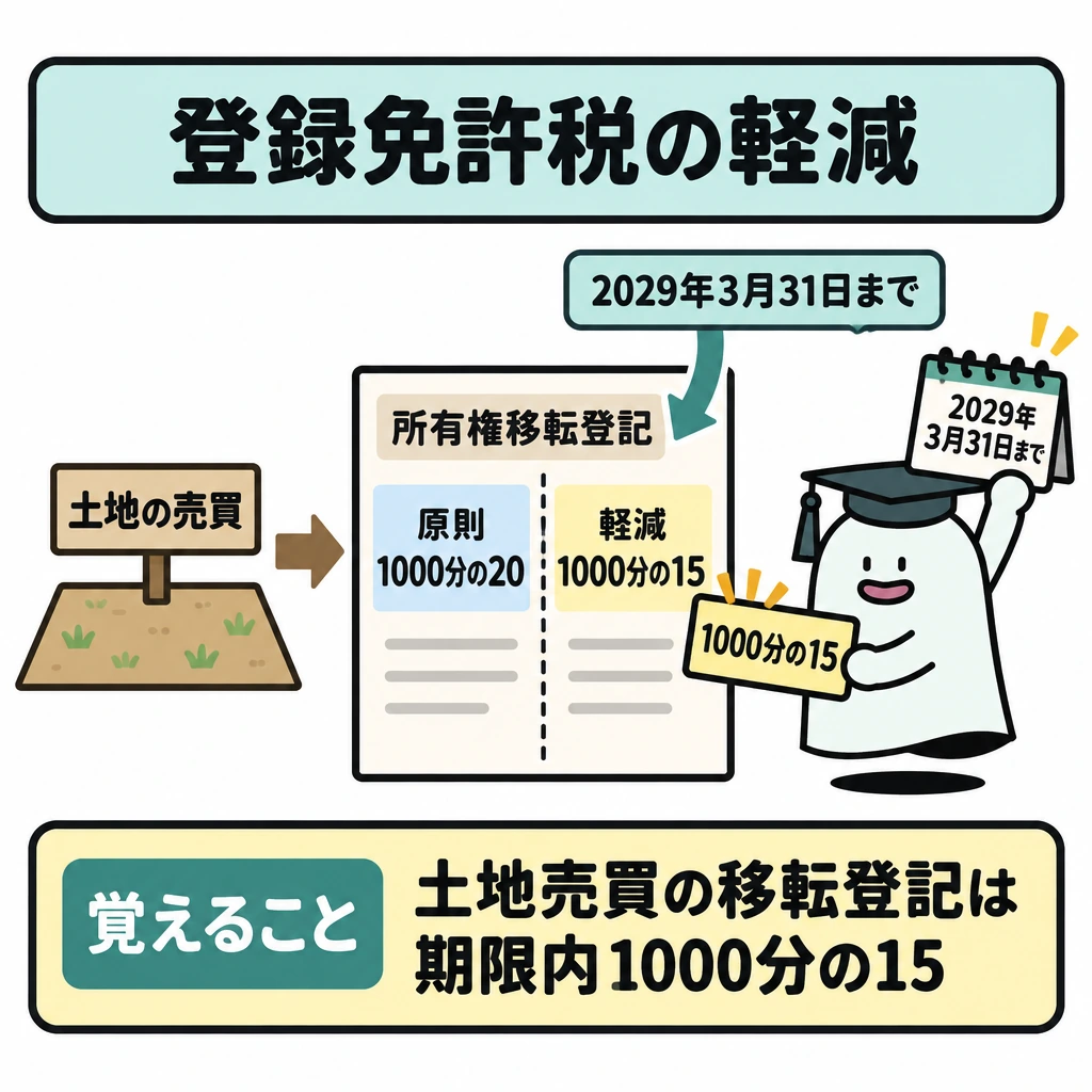 登録免許税と印紙税の図解。中央の土地売買による所有権移転登記の書類を縦線で左右に分け、左に原則の税率、右に軽減後の税率を置く。上の「2029年3月31日までに登記」の条件から右側へ矢印を引く。